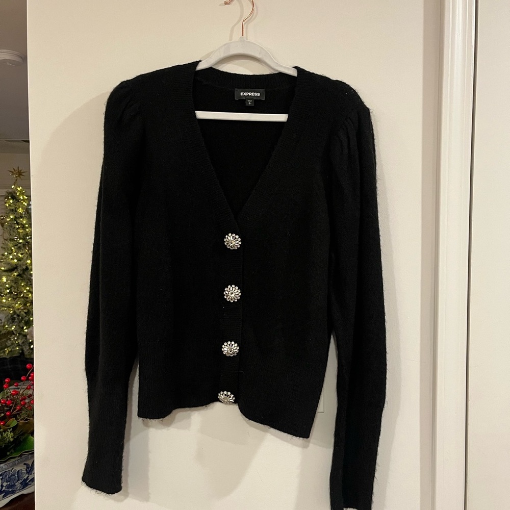Express Black Sweater V Neck Cardigan with Crystal Buttons